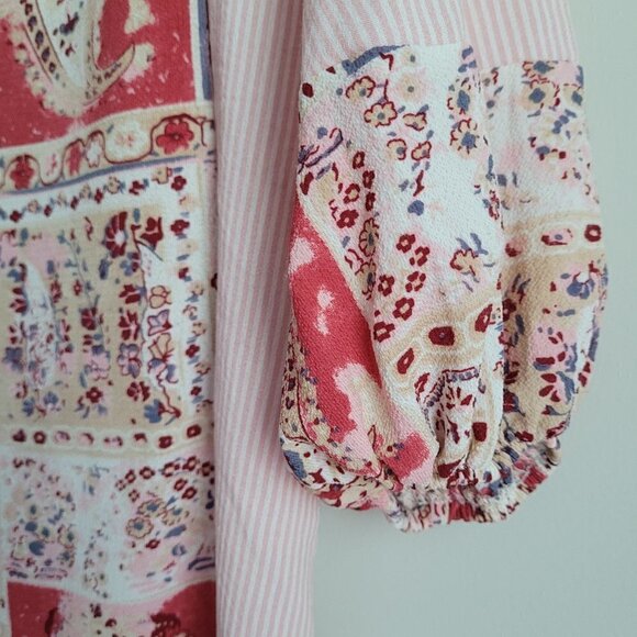 Flamingo Pink Striped Paisley Floral Print Puff Short Sleeve V-Neck Top - Picture 7 of 10